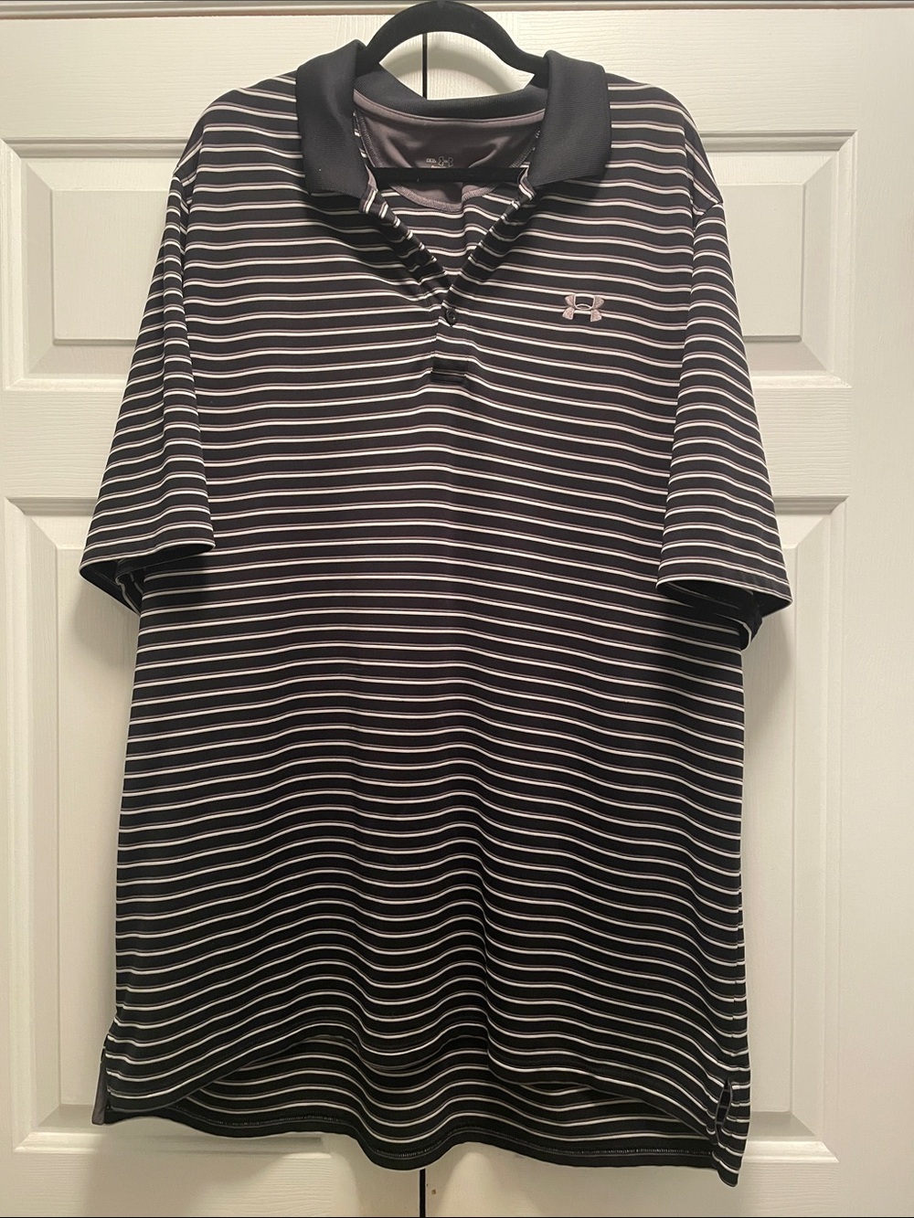 Under Armour Men’s Black Polo with White and Gray Pinstripes